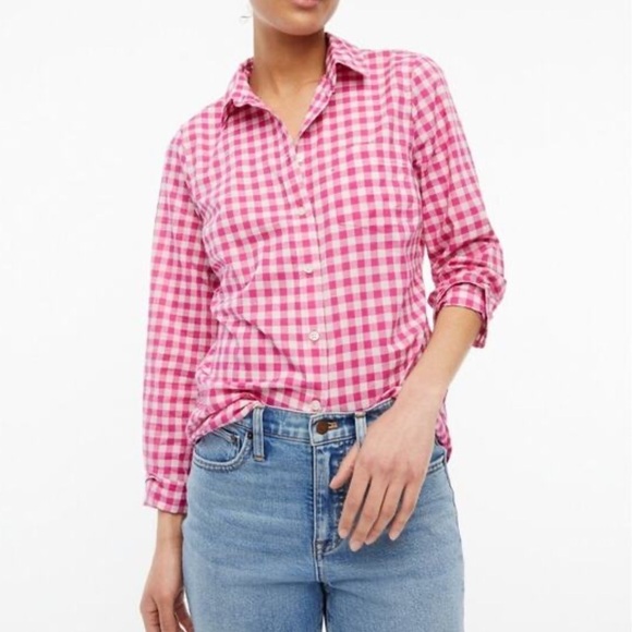 J. Crew factory Boy Fit Perfect Shirt Red White Gingham Plaid Button Up Down XS - Picture 1 of 5